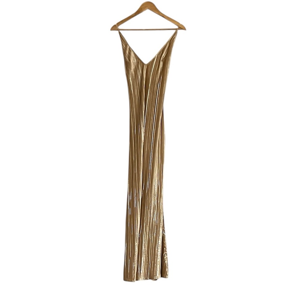 Forever 21 Champagne Nude Maxi Prom Dress Bodycon Metallic Sexy Deep V, S